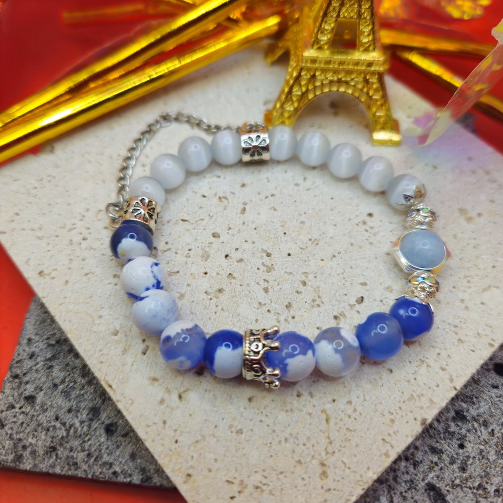 Moonstone Blue Fire Agate 8mm Handmade Beaded Bracelet Natural Gemstone Jewelry